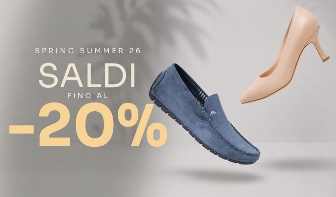 Spring–Summer sale banner showing a beige women's high heel and a blue suede men's loafer floating with 'Sale up to -20%' text