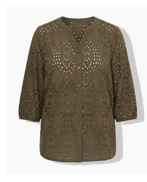 Blusa in pizzo sangallo, cotone, scollo a V, maniche a 3/4