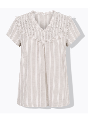 Blusa in misto lino dal taglio svasato con righe, scollo a V e mezze maniche