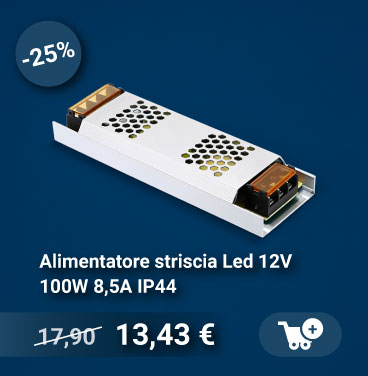 LED strip power supply 12V 100W 8.5A IP44, slim metal enclosure with -25% discount badge