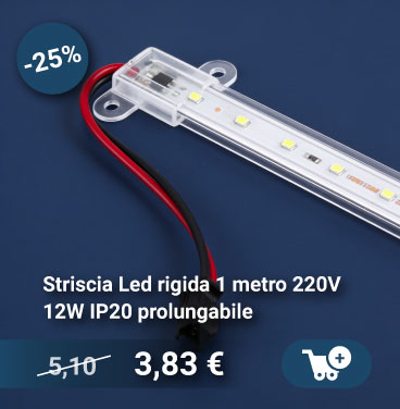 Rigid 1 metre LED strip light 220V 12W IP20, extendable, clear plastic housing with red and black wires and 25% discount badge