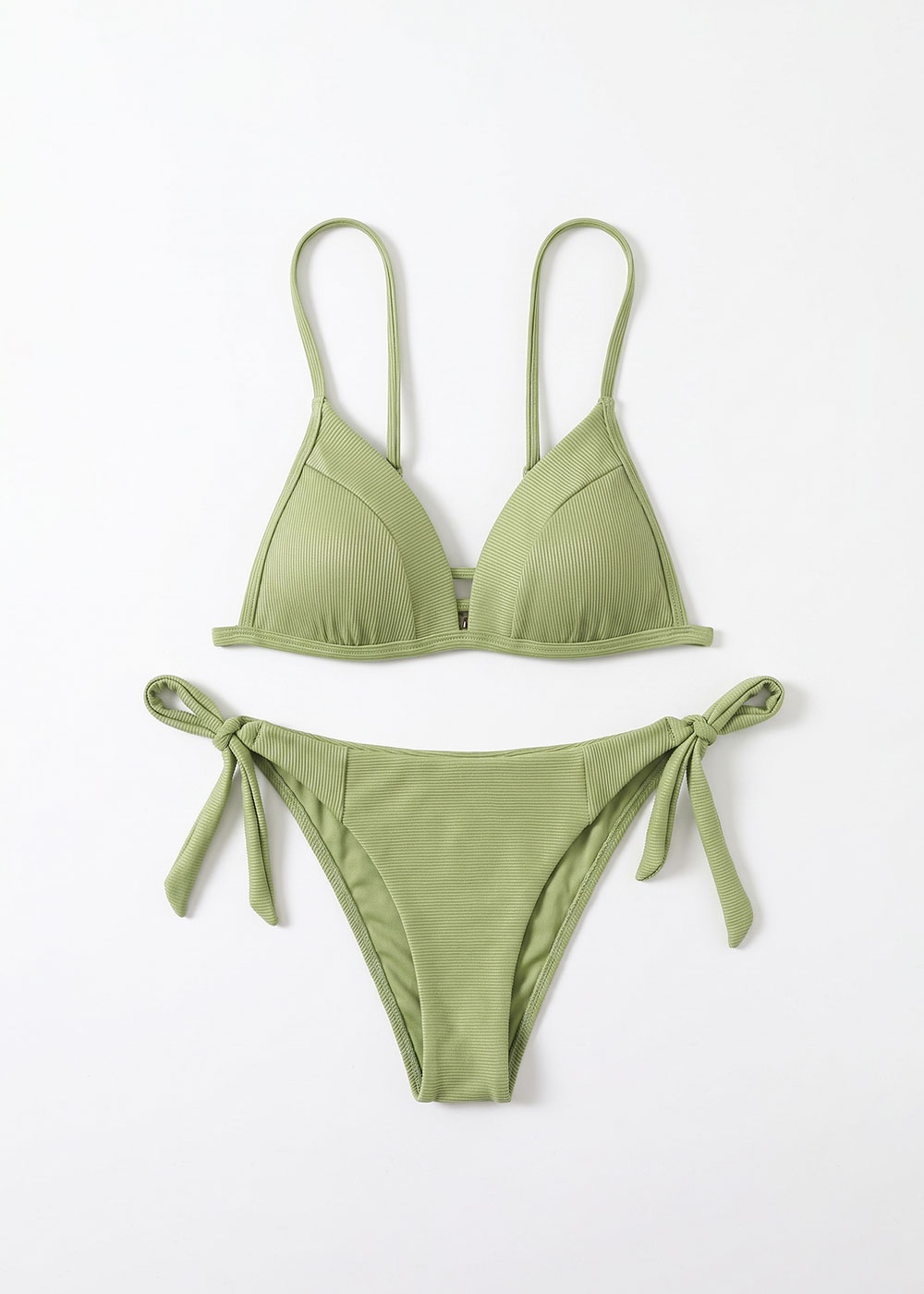 Sage green ribbed triangle bikini set with adjustable shoulder straps and tie-side, tie-side bottoms on white background