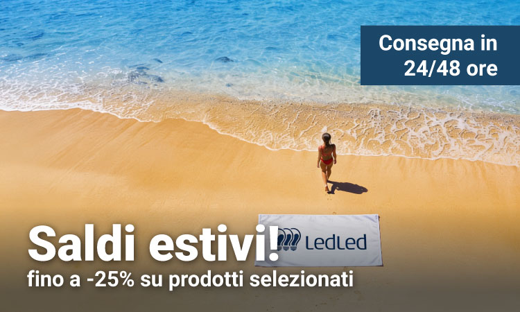 Aerial view of woman walking on golden beach toward blue sea with a beach banner advertising summer sale and 24–48h delivery