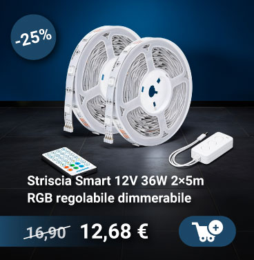 Smart RGB LED strip 12V 36W (2×5m), dimmable and adjustable, with remote and inline controller, shown with 25% off badge