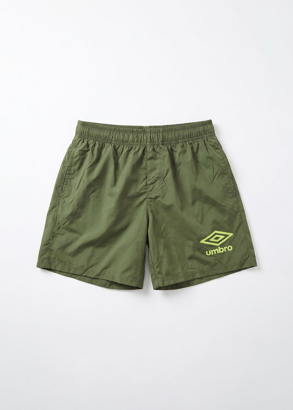 Olive-green Umbro men's swim shorts with elasticated waist and logo, flat-lay on white background