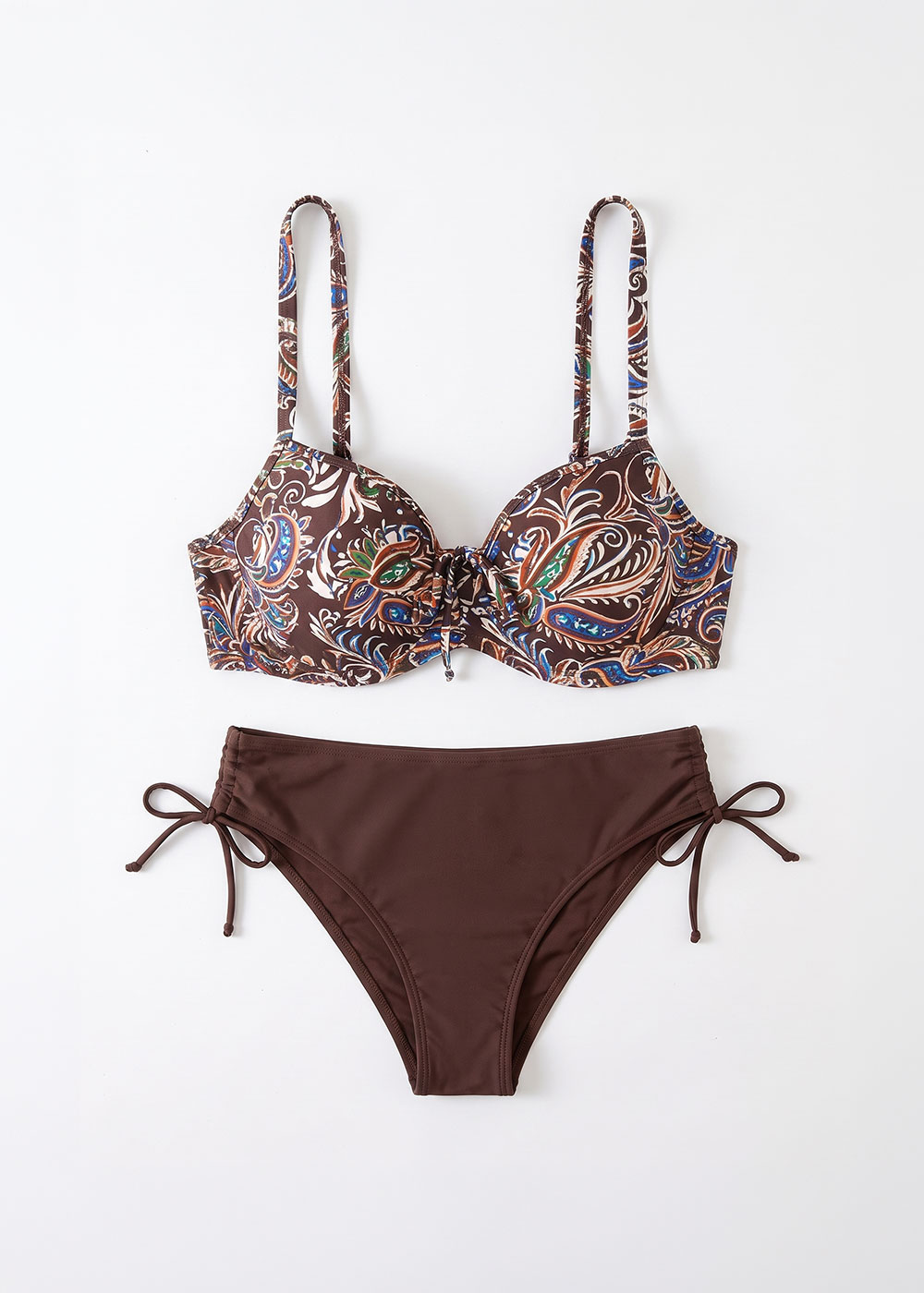 Brown paisley underwired bikini top with adjustable straps and front tie, paired with brown tie-side high-waist bikini bottoms