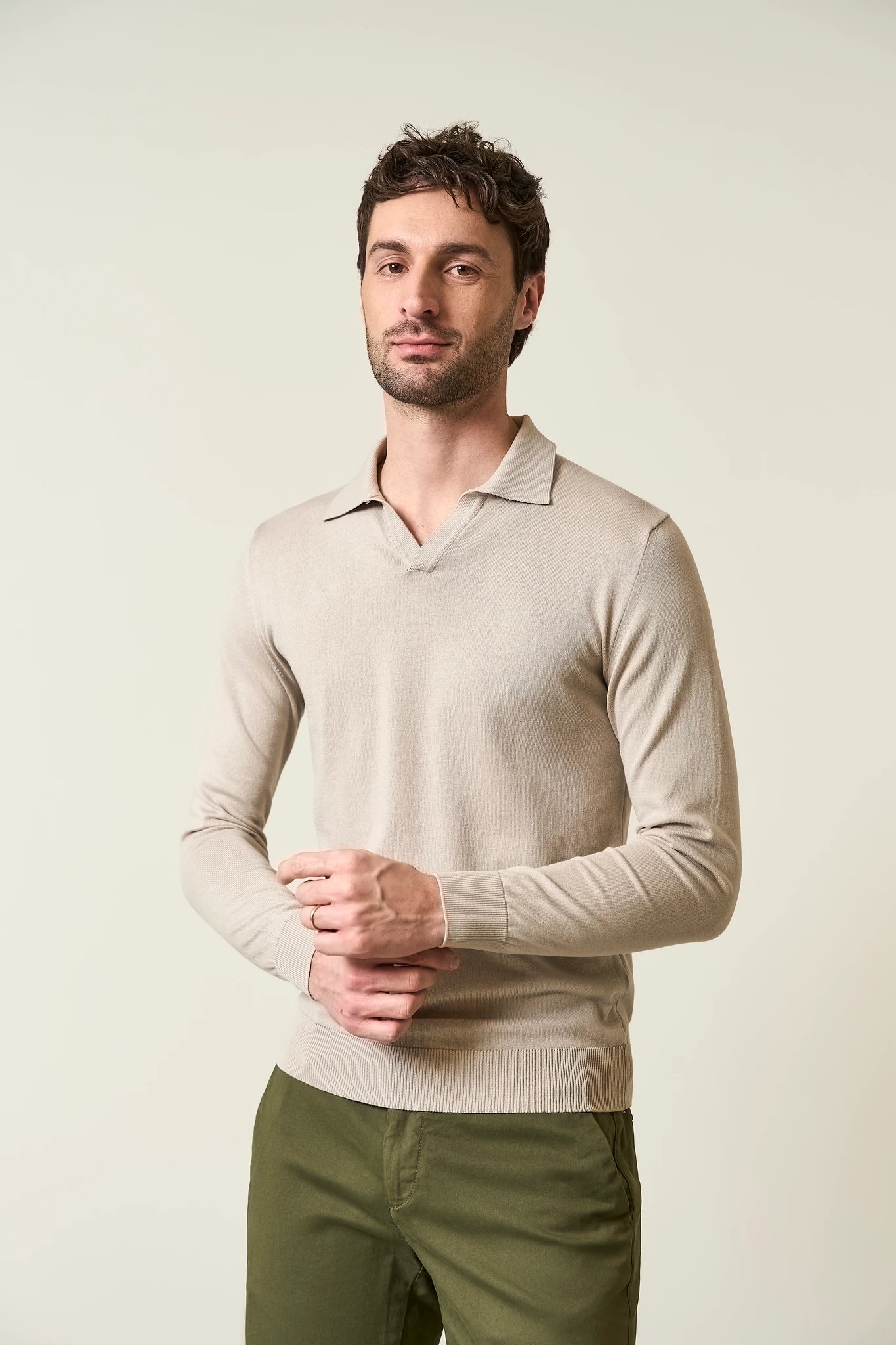 Image of Maglia polo beige derby cotone crepe