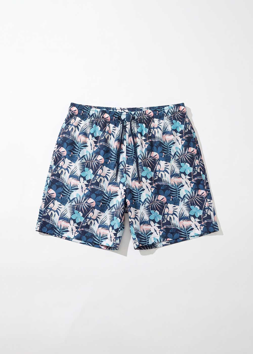 Men's navy tropical floral swim shorts with pink and light-blue hibiscus print, elastic waist and drawstring, flat-lay on white background