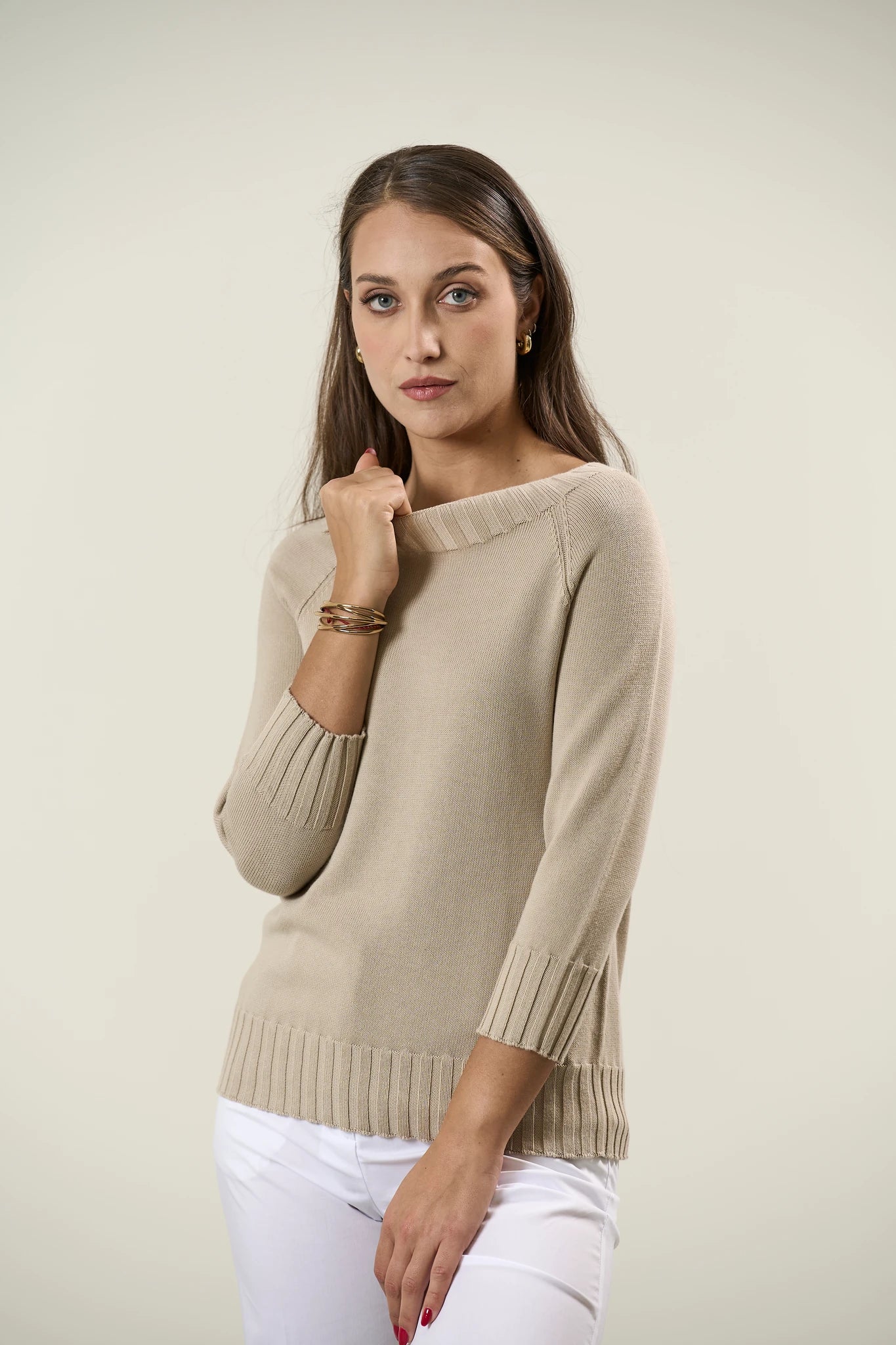 Image of Maglia barchetta stucco dettagli coste cotone