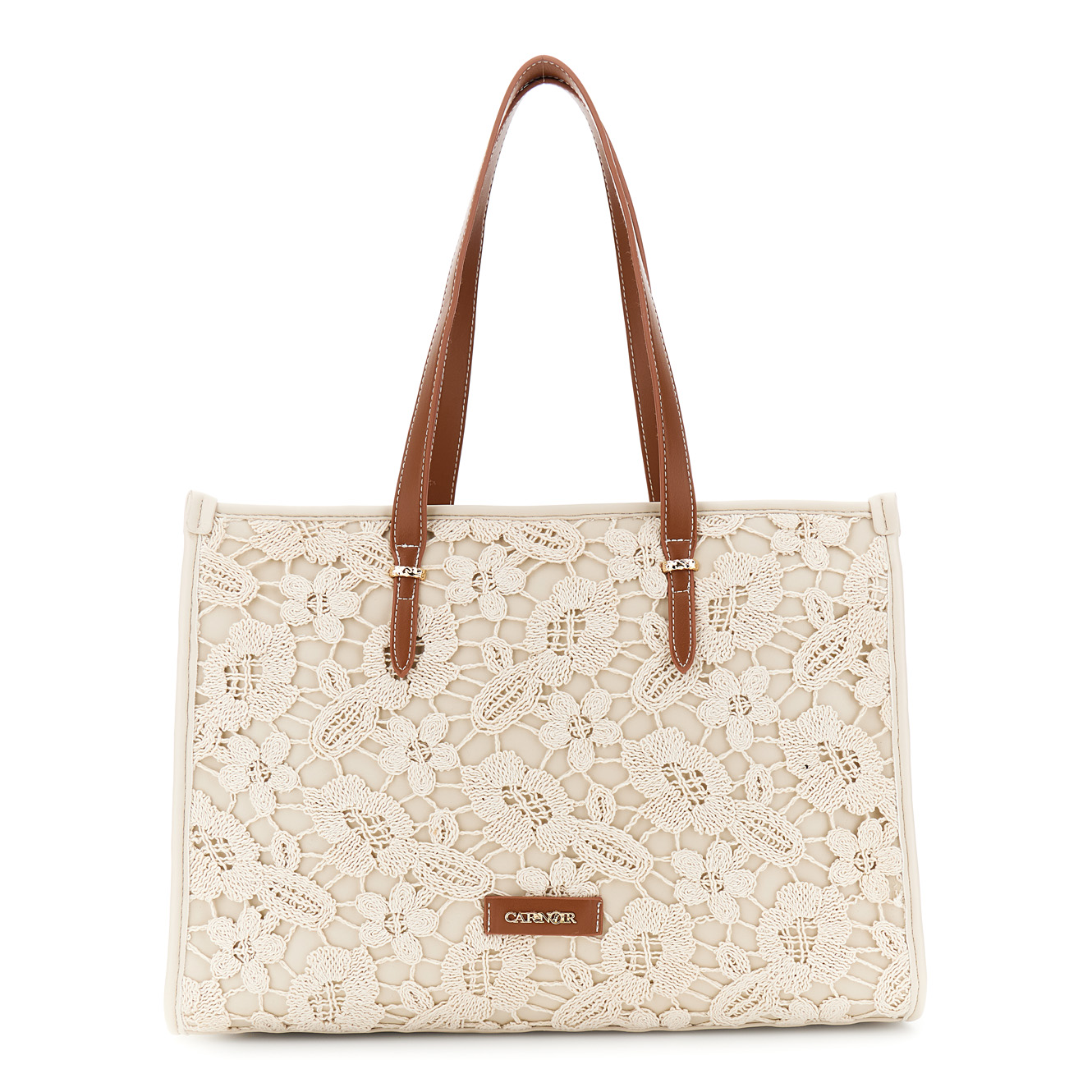 Image of shopping bag grande in macramè con manici effetto pelle ecru