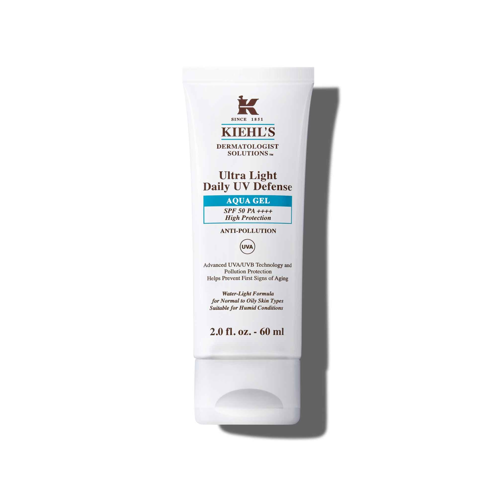 Tubo Kiehl's Ultra Light Daily UV Defense Aqua Gel SPF 50 PA++++, 60 ml, su sfondo bianco