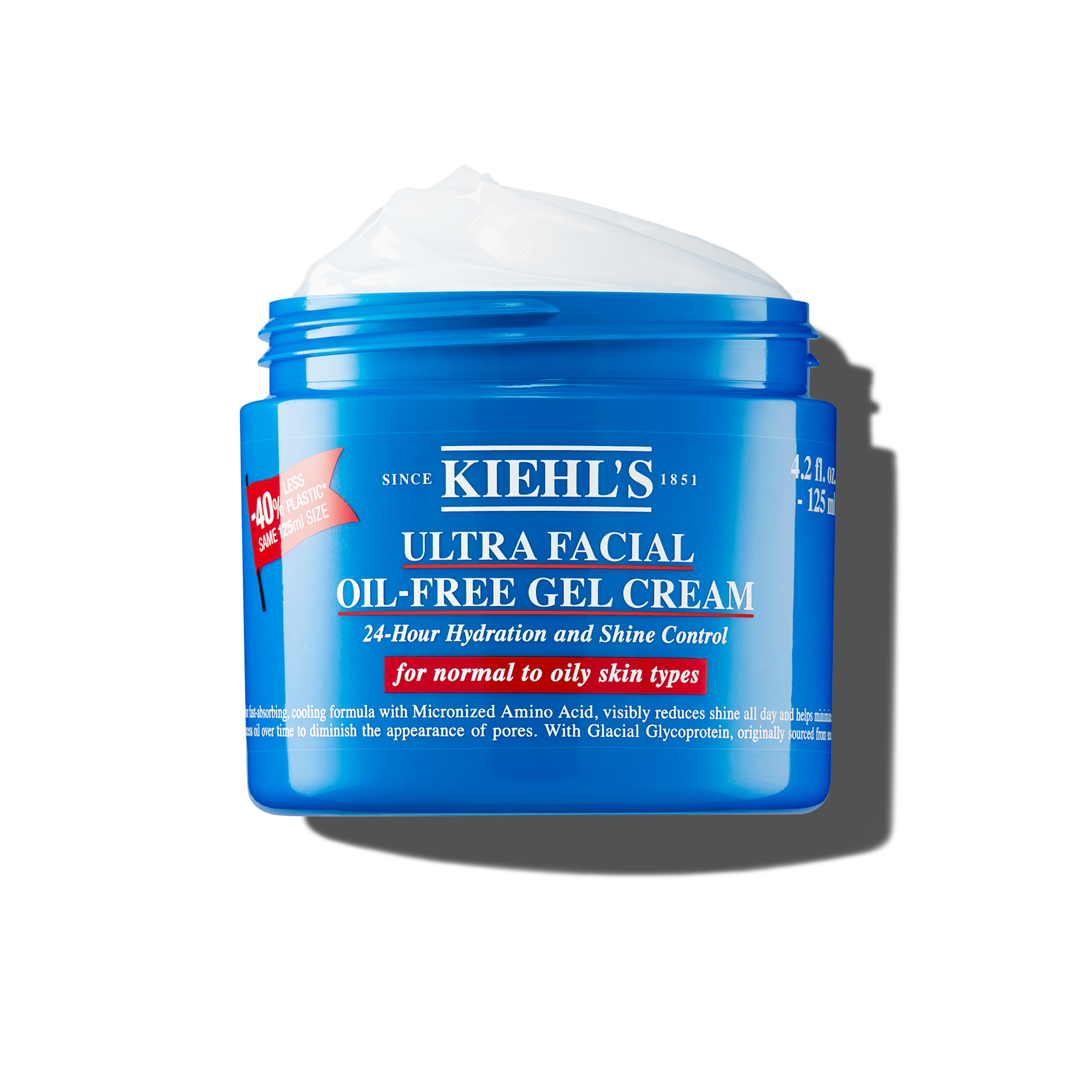 Vasetto blu Kiehl's Ultra Facial Oil-Free Gel Cream aperto, 125 ml, per pelli normali e miste
