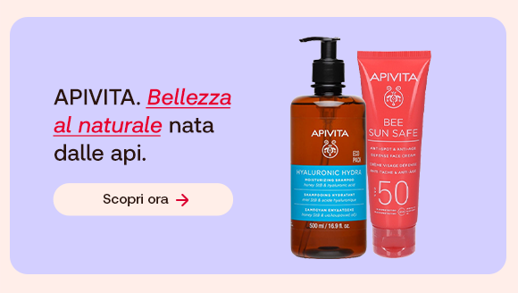 “Prodotti Apivita (Hyaluronic Hydra Shampoo e Bee Sun Safe SPF 50) su sfondo lilla. Testo: ‘APIVITA. Bellezza al naturale nata dalle api’ con pulsante ‘Scopri ora’.” “Prodotti Apivita (Hyaluronic Hydra Shampoo e Bee Sun Safe SPF 50) su sfondo lilla. Testo: ‘APIVITA. Bellezza al naturale nata dalle api’ con pulsante ‘Scopri ora’.”