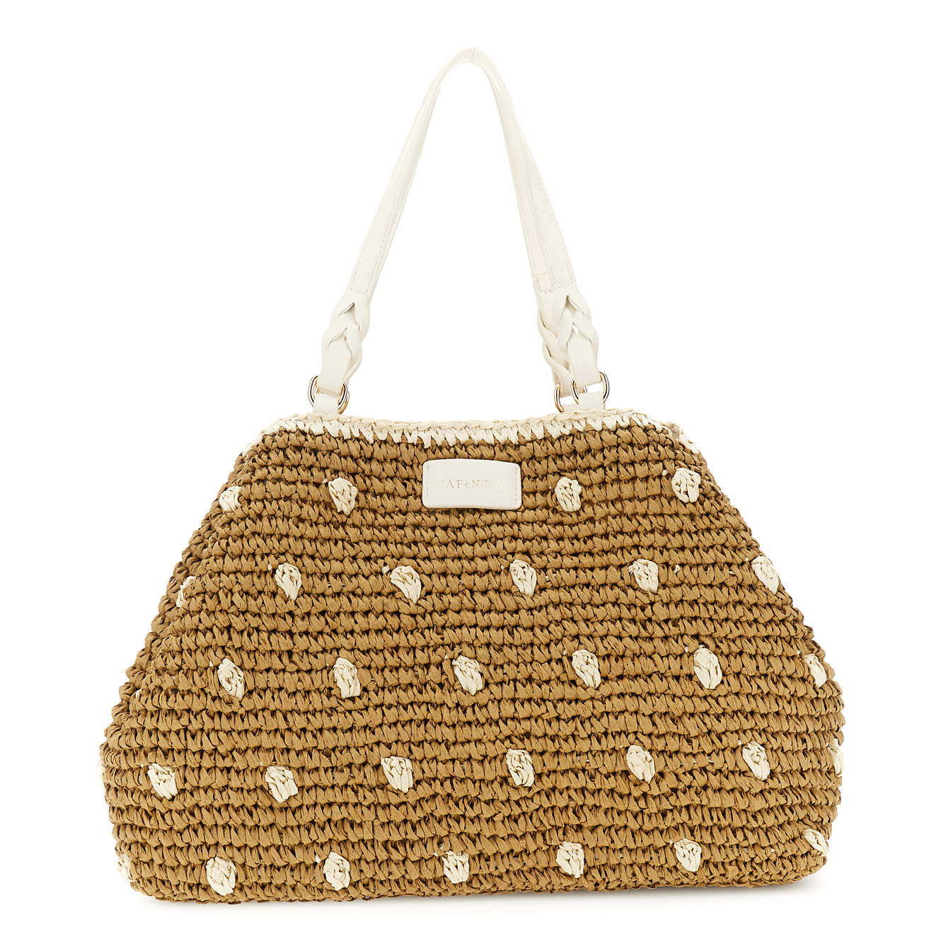 Image of tote a spalla in crochet lavorato a mano e chiusura a calamita e moschettone cuoio/burro