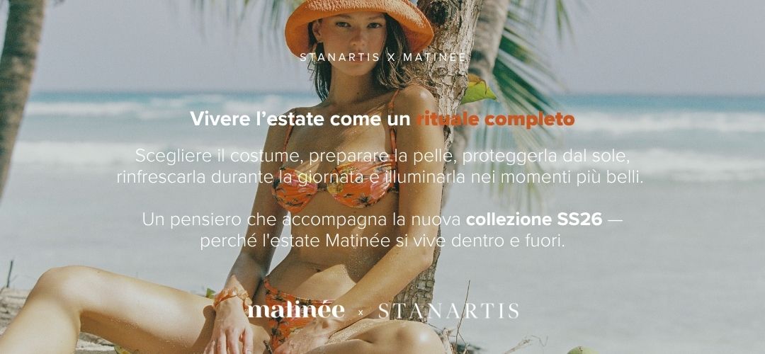 Woman in orange floral bikini and sunhat by a palm tree on a sandy beach with turquoise sea, Matinée SS26 promotional overlay