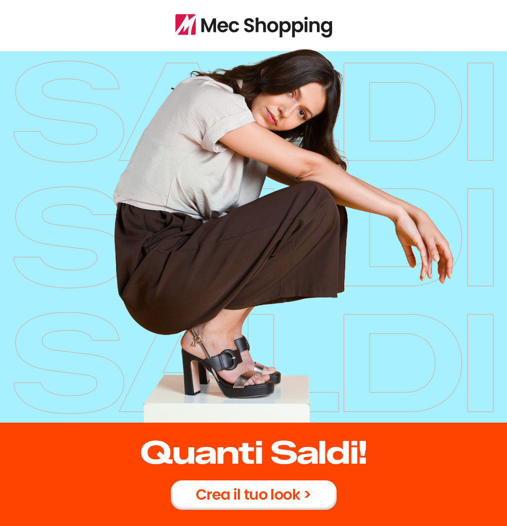 Mec Shopping banner: woman crouching on pedestal modelling black heeled sandals and brown skirt against turquoise sale background