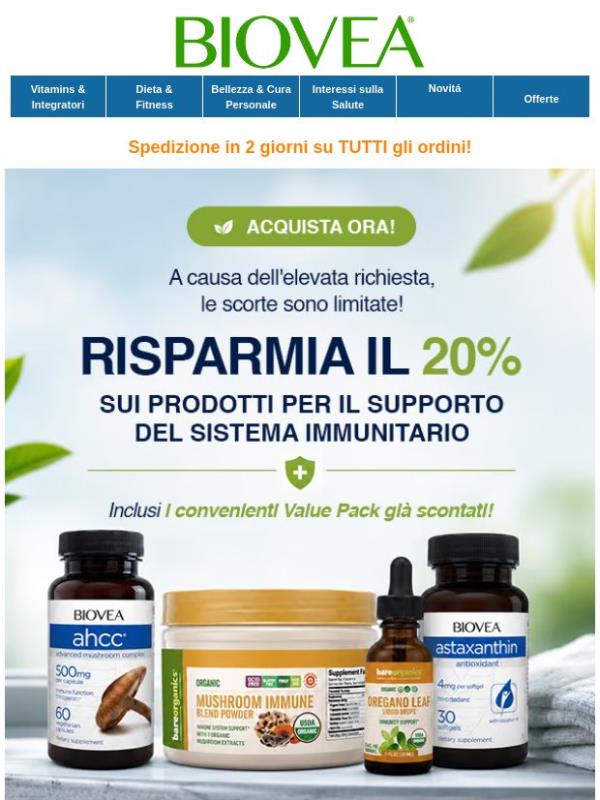💪 Rafforzate il vostro sistema immunitario con un 20% di sconto extra!