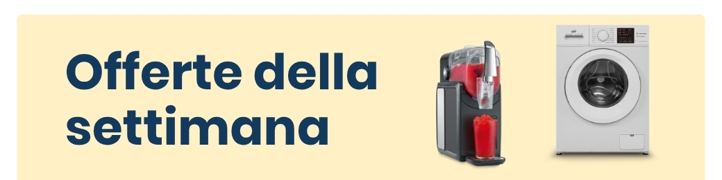 Banner reading 'Offerte della settimana' in Italian with a slushie machine and a front‑load washing machine on a pale yellow background