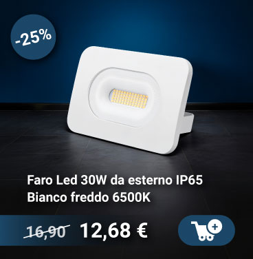 30W outdoor LED floodlight IP65, cool white 6500K, white rectangular housing, energy‑efficient, 25% off