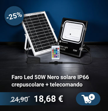50W black solar LED floodlight with IP66 rating, dusk sensor and remote control, foldable solar panel and cable shown with discount badge