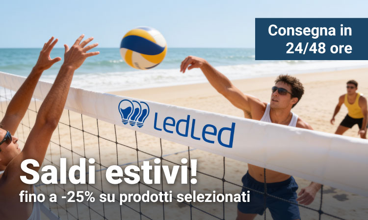 Beach volleyball players jumping at a net with LedLed logo on a sunny beach, overlay advert for 'Saldi estivi' summer sale and fast 24/48h delivery