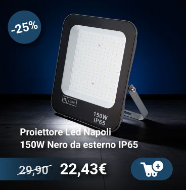 Black 150W IP65 outdoor LED floodlight 'Napoli' on adjustable bracket, product photo with price and 25% discount badge