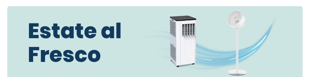 Banner showing a portable air cooler and a standing fan with airflow graphics and headline text 'Estate al Fresco' on a pale blue background