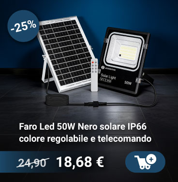 50W solar LED floodlight with solar panel and remote control, IP66 weatherproof, adjustable colour — product image with 25% discount badge and price