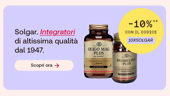 “Prodotti Solgar Oligo Mag Plus e Bromelina Plus su sfondo lilla. Testo: ‘Solgar. Integratori di altissima qualità dal 1947’. Offerta -10% con codice 10XSOLGAR e pulsante ‘Scopri ora’.” “Prodotti Solgar Oligo Mag Plus e Bromelina Plus su sfondo lilla. Testo: ‘Solgar. Integratori di altissima qualità dal 1947’. Offerta -10% con codice 10XSOLGAR e pulsante ‘Scopri ora’.”