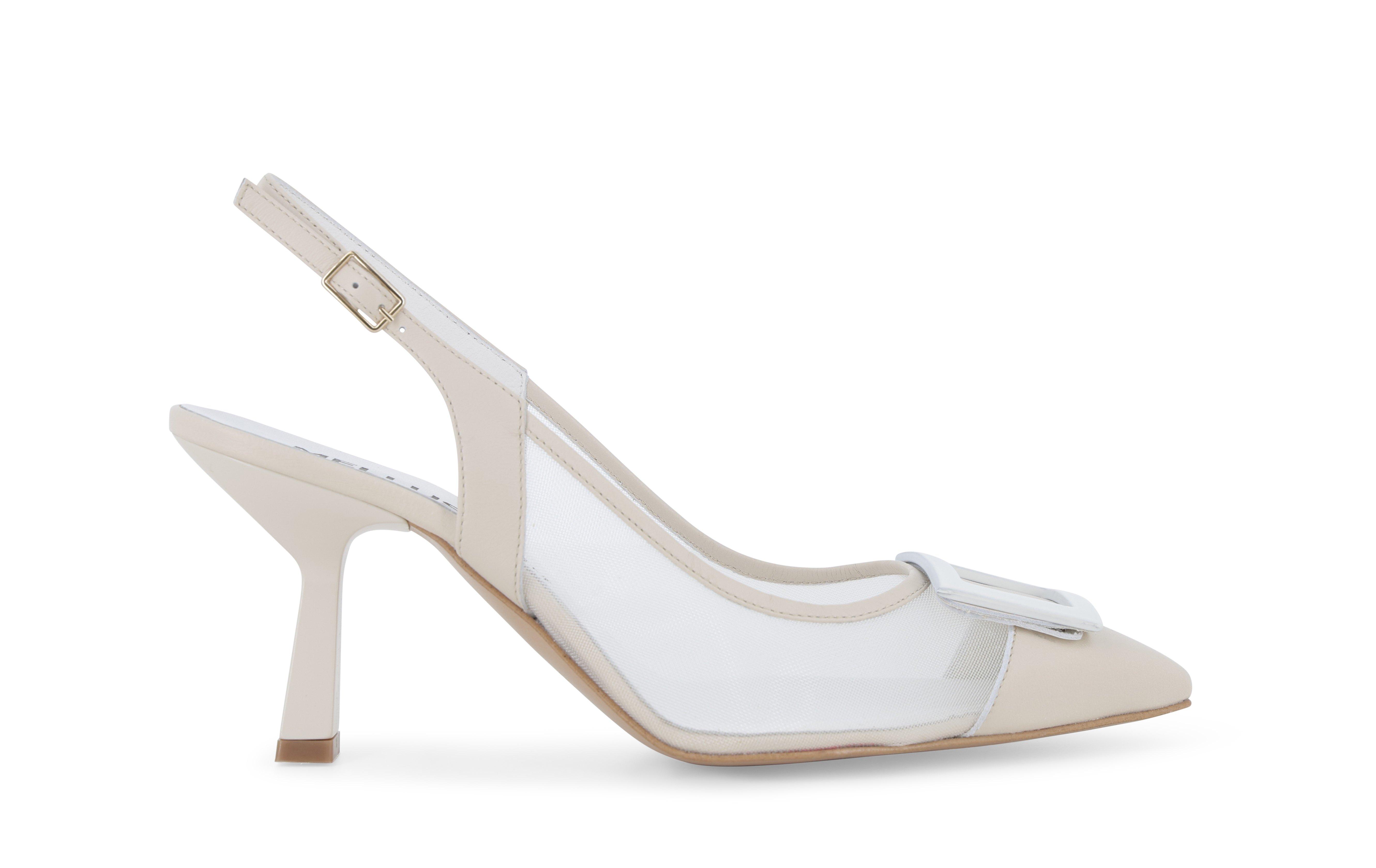 Slingback beige in rete e pelle con fibbia e1852q