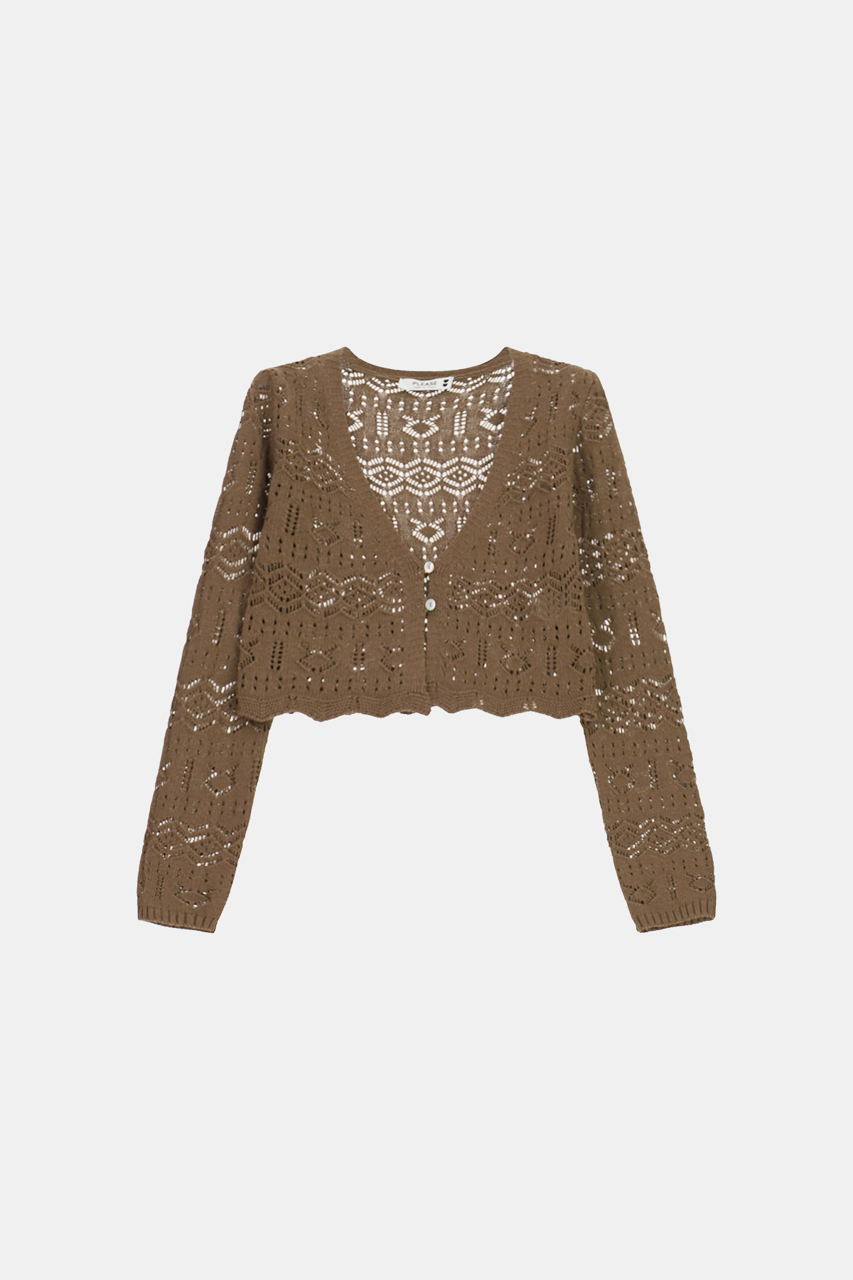 Cropped brown open-knit V-neck cardigan with long sleeves and three-button front, lace-like patterned knit