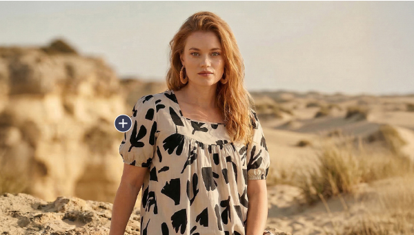 Blusa, stampa floreale, scollo quadrato, maniche a sbuffo, cotone biologico
