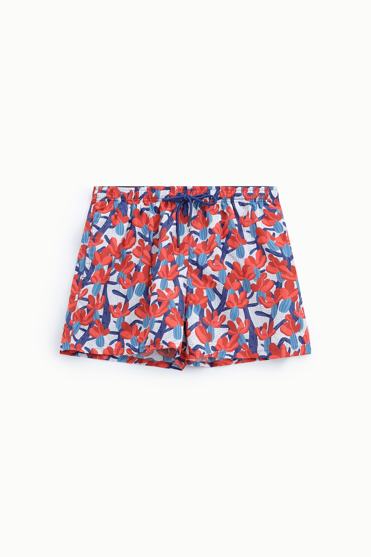 Red and blue floral women's swim shorts with navy drawstring on white background