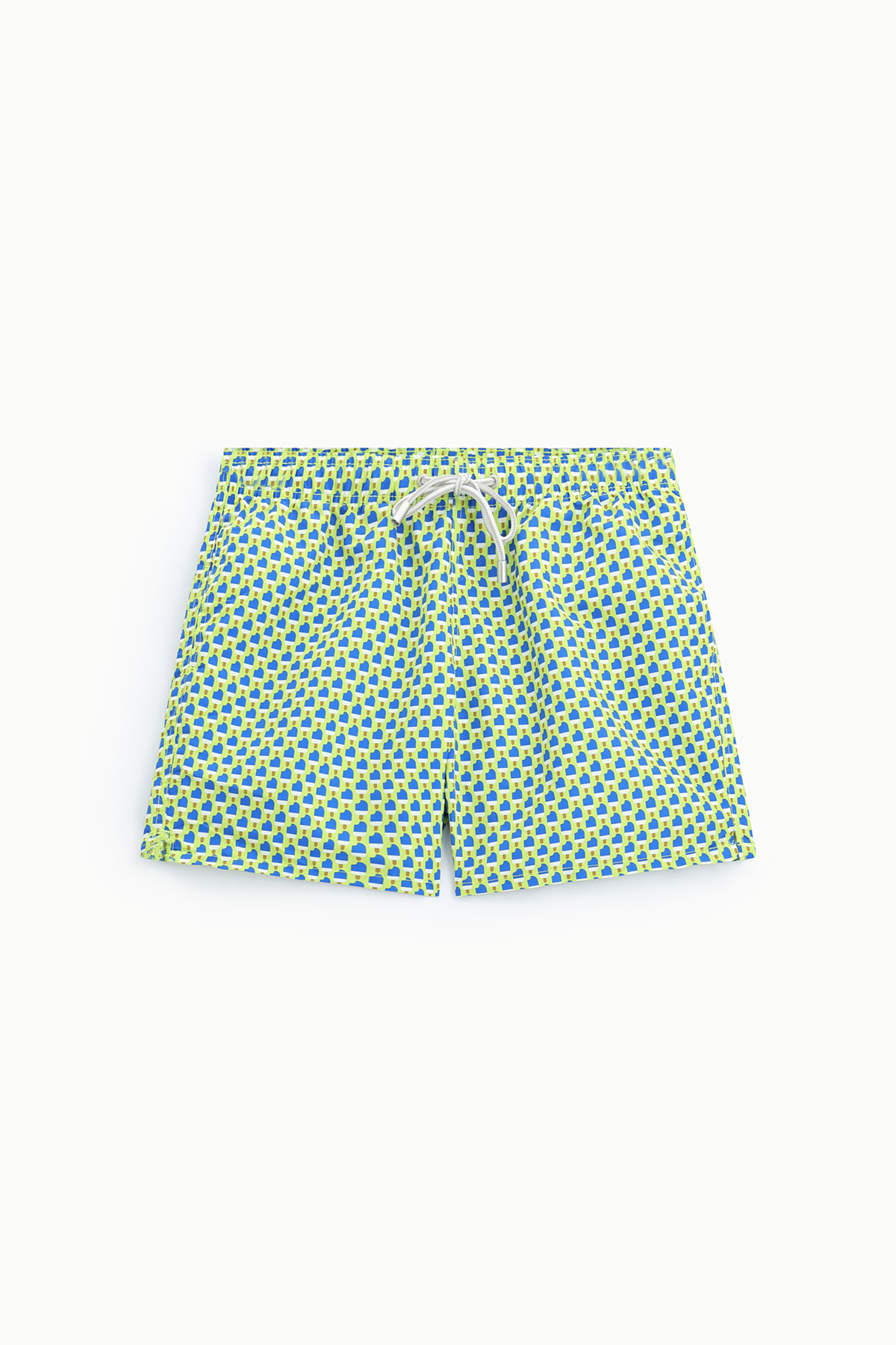 Men's lime-green swim shorts with blue geometric print and white drawstring, flat-lay on white background