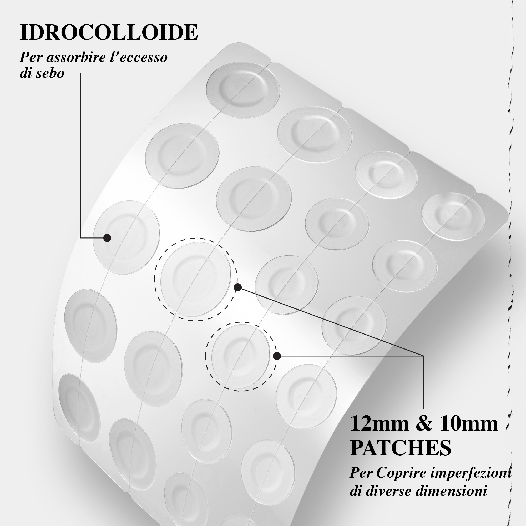 Un foglio di patch idrocolloidali nei formati da 12 mm e 10 mm per assorbire il sebo e coprire imperfezioni di diverse dimensioni.