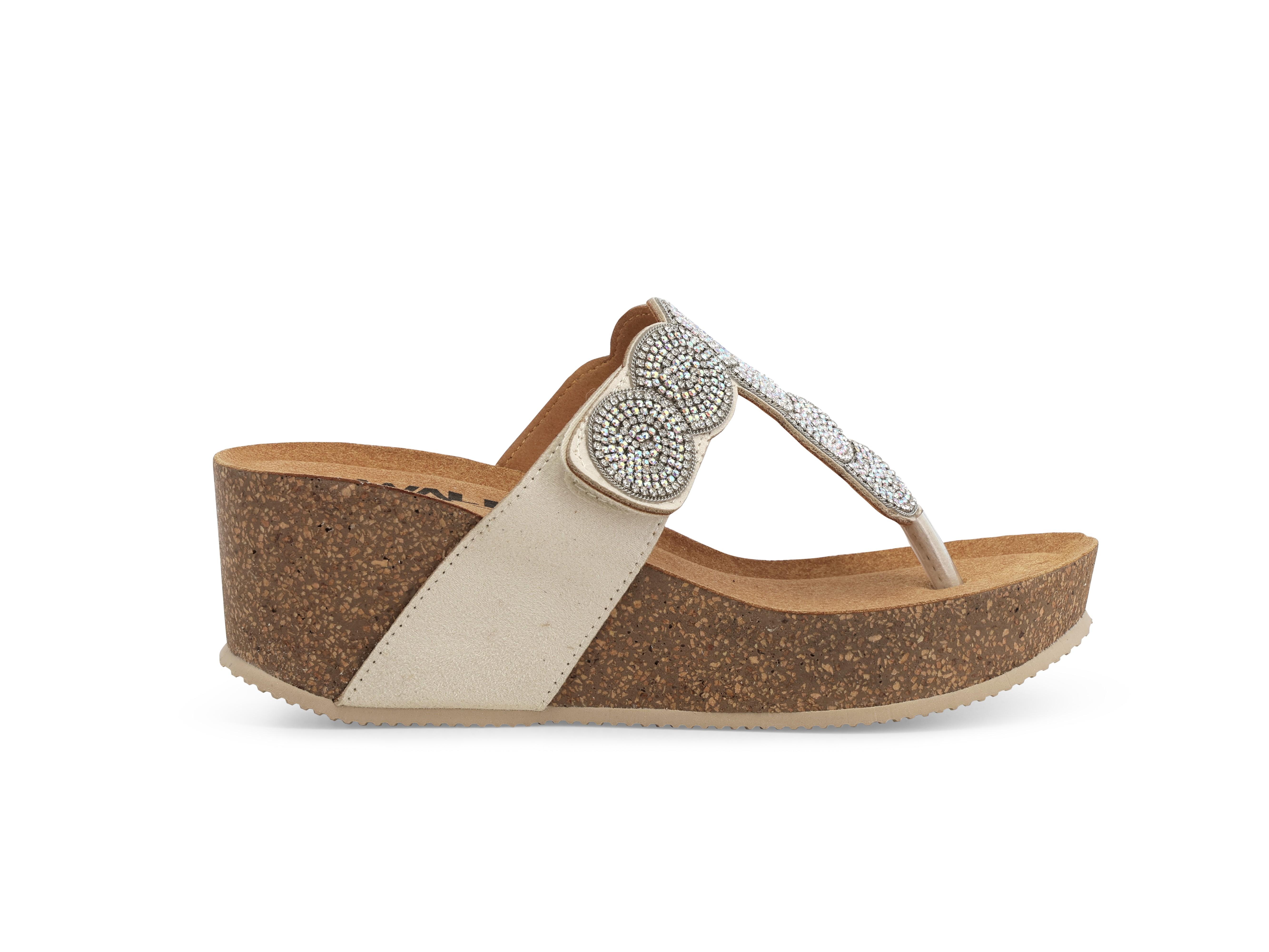 Infradito con zeppa in sughero e tomaia beige con cristalli 018153q