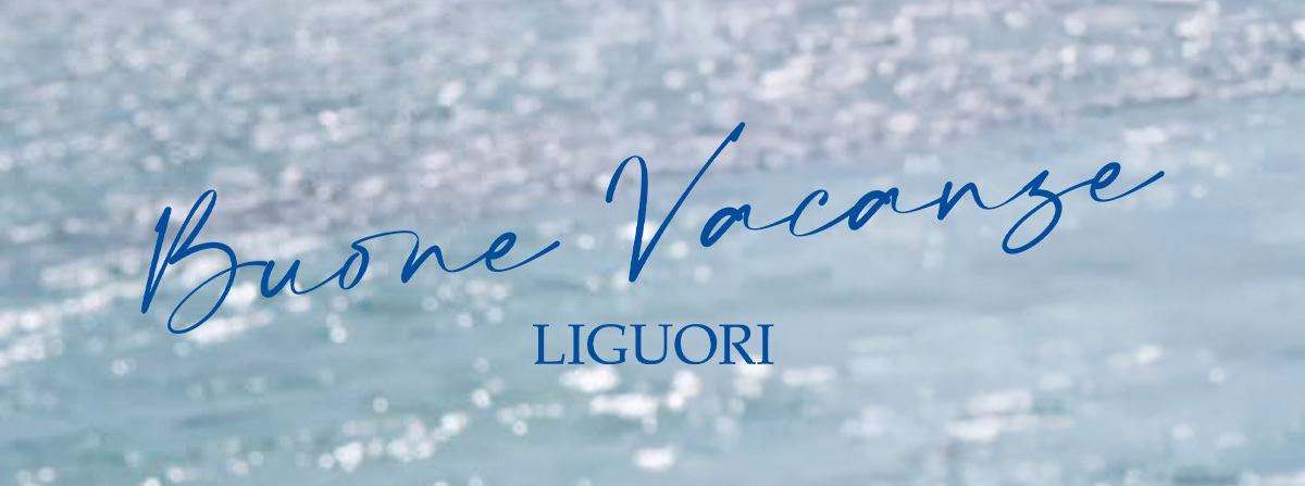 Sparkling turquoise sea background with blue handwritten text "Buone Vacanze" and centred "LIGUORI" logo