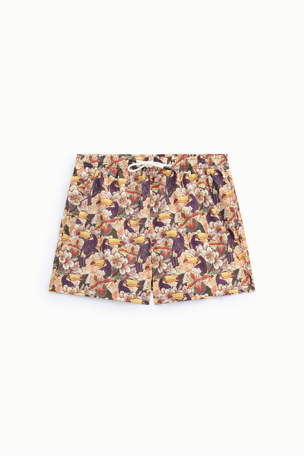 Men's tropical floral and toucan print swim shorts with white drawstring, flat-lay on white background