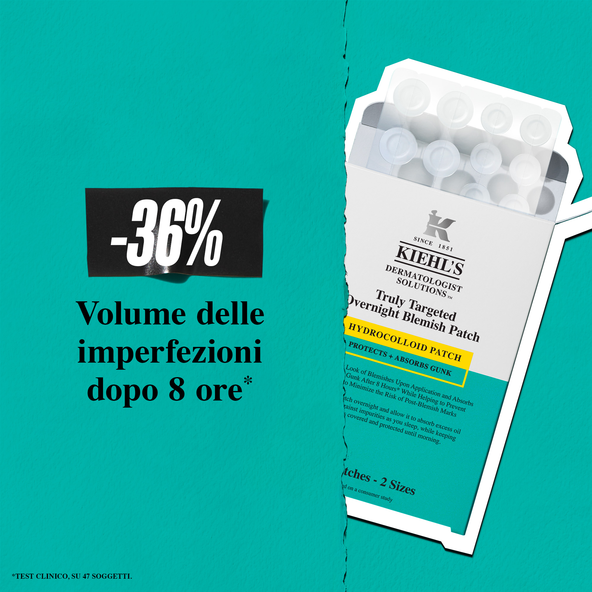 Scatola di patch Kiehl's su sfondo verde con la scritta "-36% volume delle imperfezioni dopo 8 ore"