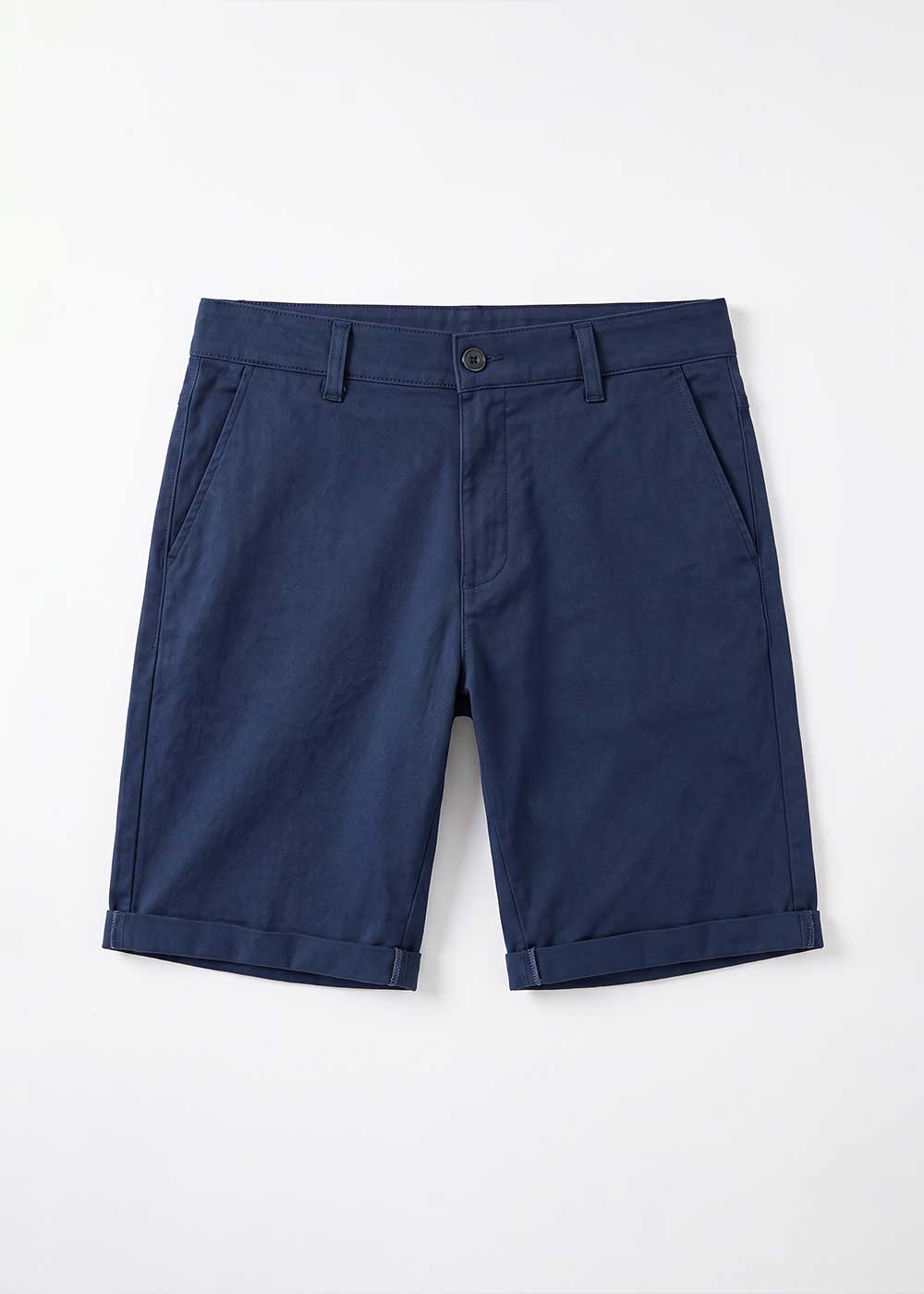 Navy chino shorts with cuffed hems, front button and zip, slanted side pockets, flat-lay on white background