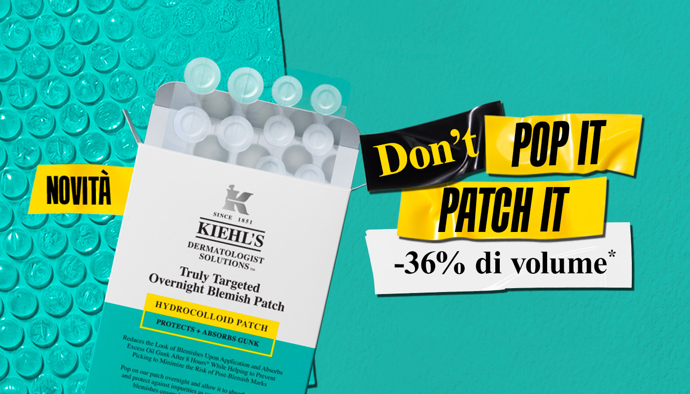Patch anti-imperfezioni Kiehl's in scatola su sfondo verde Tiffany con la scritta "Don't POP IT PATCH IT"