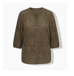 Blusa in pizzo sangallo, cotone, scollo a V, maniche a 3/4