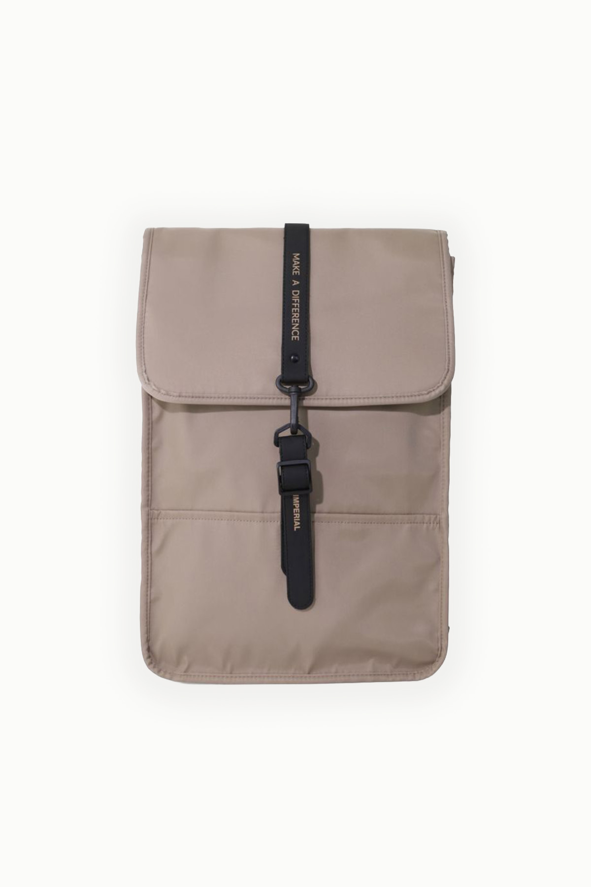 Beige minimalist roll-top backpack with black buckle strap reading 'MAKE A DIFFERENCE', slim profile and front pocket