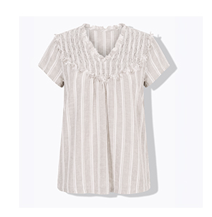 Blusa in misto lino dal taglio svasato con righe, scollo a V e mezze maniche