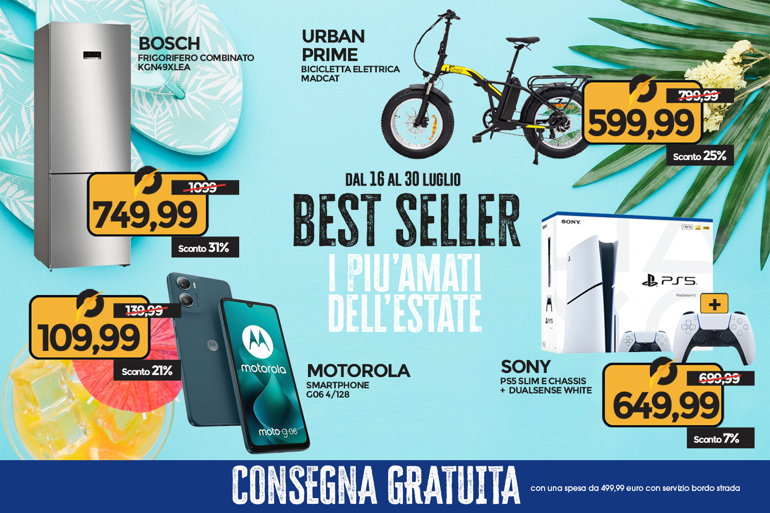 Promotional banner of summer bestsellers showing Bosch fridge, Urban Prime electric bike, Motorola Moto G06 smartphone and Sony PS5 with sale prices