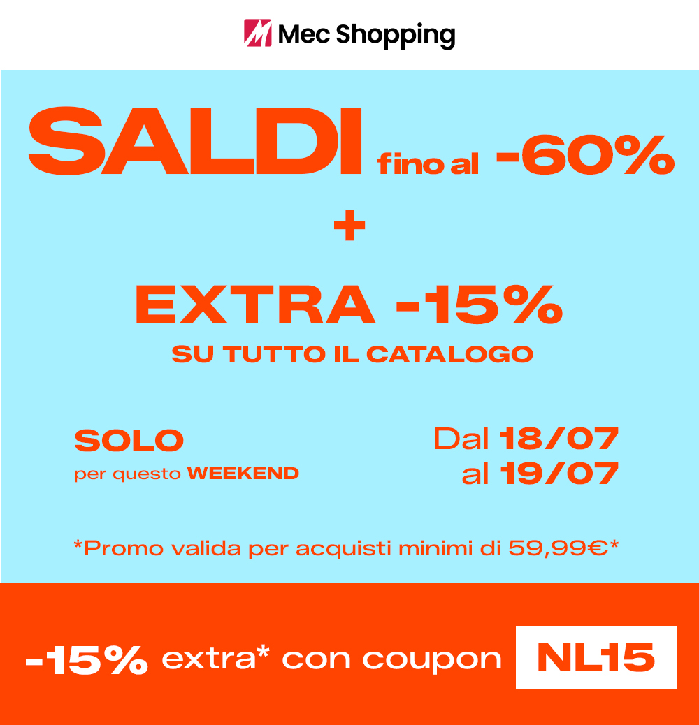 Mec Shopping sale banner: up to 60% off plus extra 15% sitewide with coupon NL15, valid 18/07–19/07, min. purchase €59.99