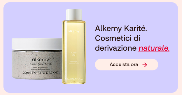 &ldquo;Prodotti Alkemy Karit&eacute; (Karit&eacute; Butter Scrub e Karit&eacute; Oil) su sfondo lilla. Testo: &lsquo;Alkemy Karit&eacute;. Cosmetici di derivazione naturale&rsquo; con pulsante &lsquo;Acquista ora&rsquo;.&rdquo;