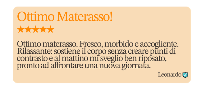 Ottimo Materasso! ★★★★★ Ottimo materasso. Fresco, morbido e accogliente. Rilassante: sostiene il corpo senza creare punti di contrasto e al mattino mi sveglio ben riposato, pronto ad affrontare una nuova giornata.
