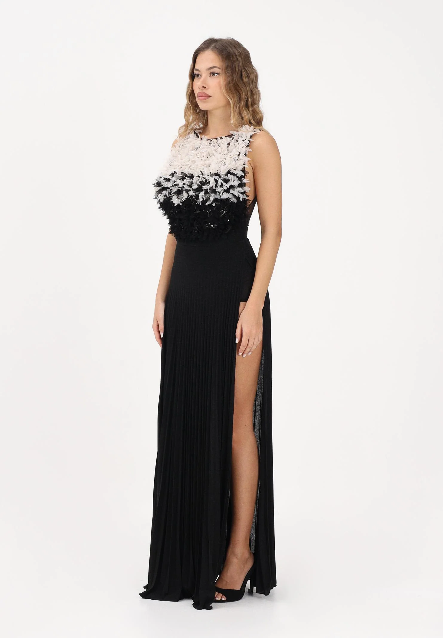Image of ELISABETTA FRANCHI Abito lungo nero da donna in tulle e jersey lurex