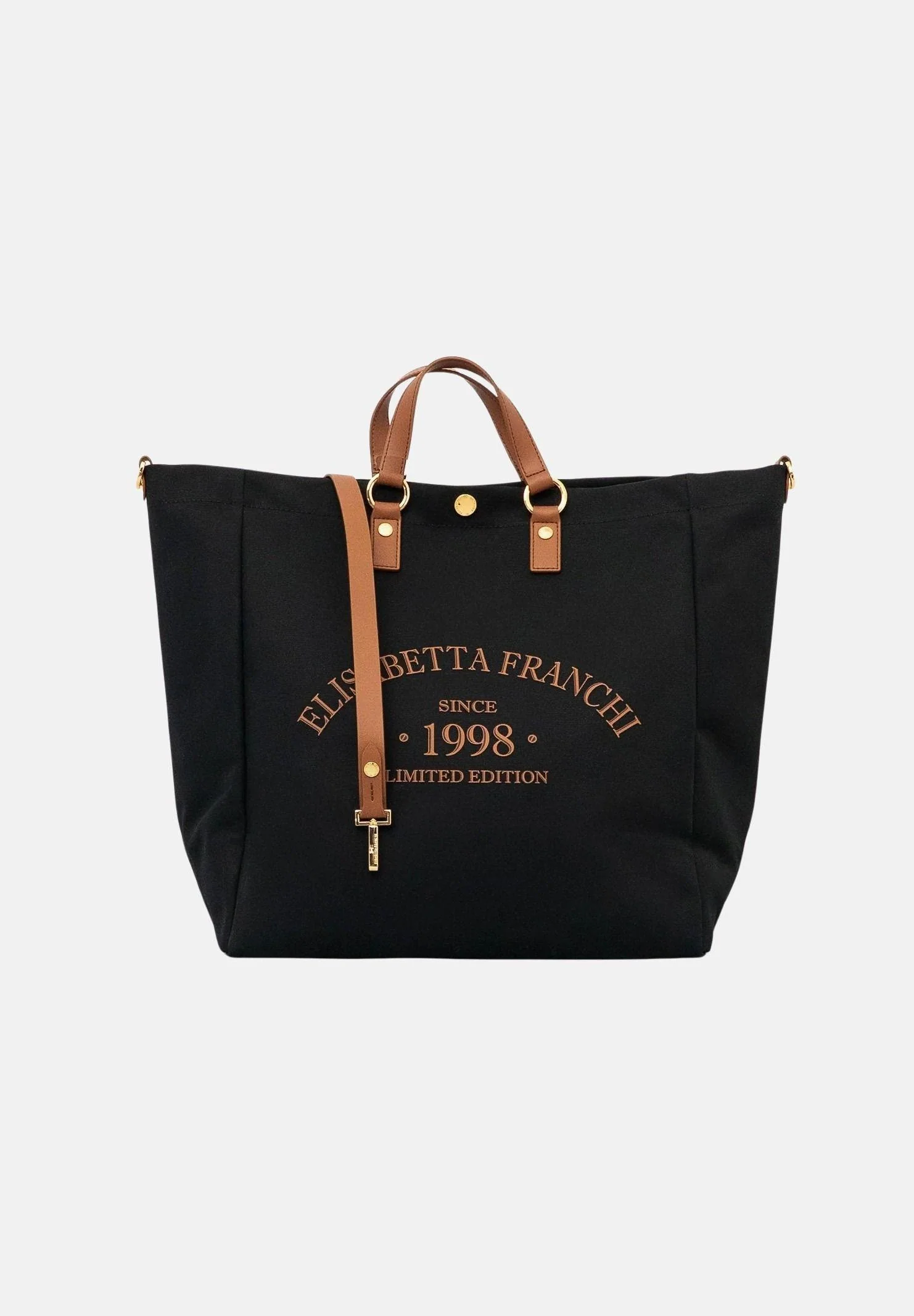Image of ELISABETTA FRANCHI Borsa mare nera e cuoio da donna con logo